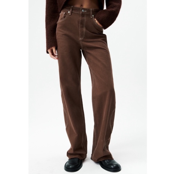 Zara High Rise Wide Leg Brown Denim Jeans With Wavy Stitching - 4 - Picture 4 of 10